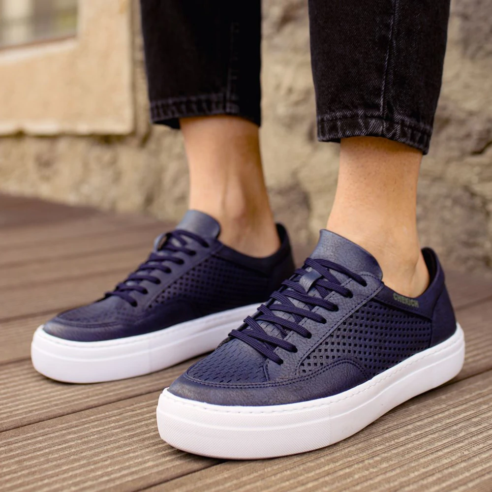 Chekich Men's Navy Blue Sneakers Faux Leather 2021 Autumn Season Casual Shoes Wedding Office Fashion Orthopedic Vulcanized Material High - White Outsole Lightweight Walking Sport Breathable Flats CH015 V5