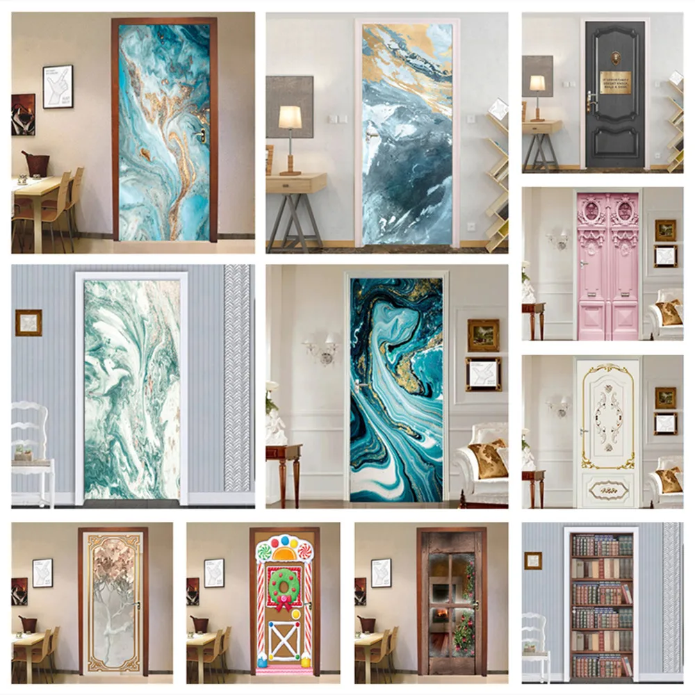 Flowing Abstract Pattern Door Photo Bathroom Doors Sticker 3D Self-adhesive Wallpaper Vinyl Interior Mirror Wall Stickers Large