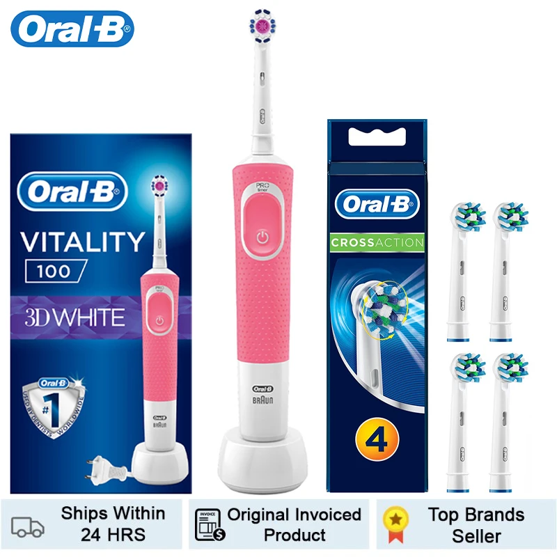 Oral B Electric Toothbrush For Adults D100 Vitality Cleaning Teeth Brush Rechargeable Waterproof Electronic Teeth Whitening Pink