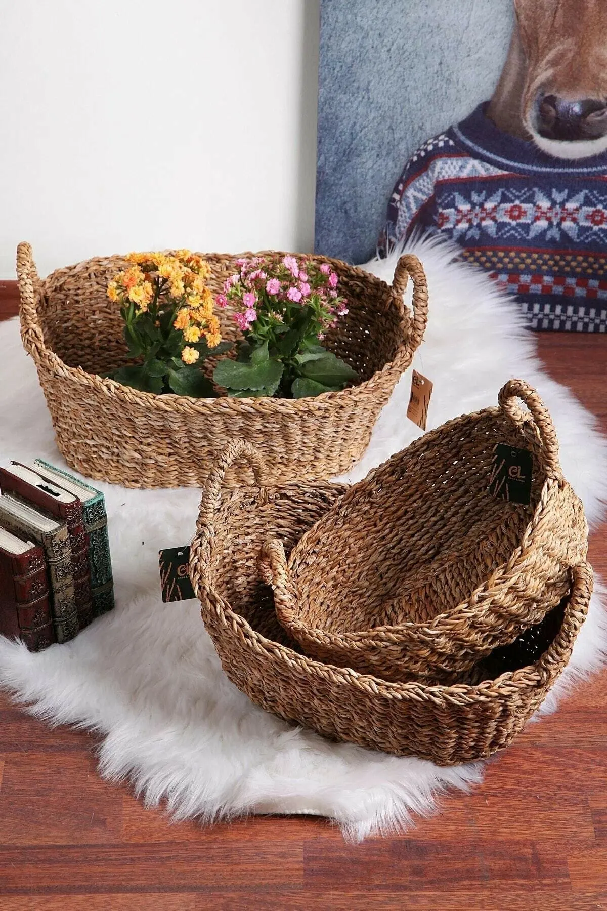 Home Decoration 3 Piece Oval Wicker Regulator Multi-Purpose Decorative Basket Natural Straw Handmade Wood Color