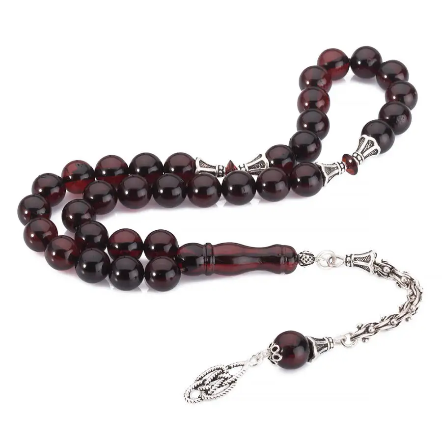 Silver Big Fire Amber Gemstone Prayer Rosary Men Drop Rosary With Silver Tassel Islamic Tasbih With King Model Tassel