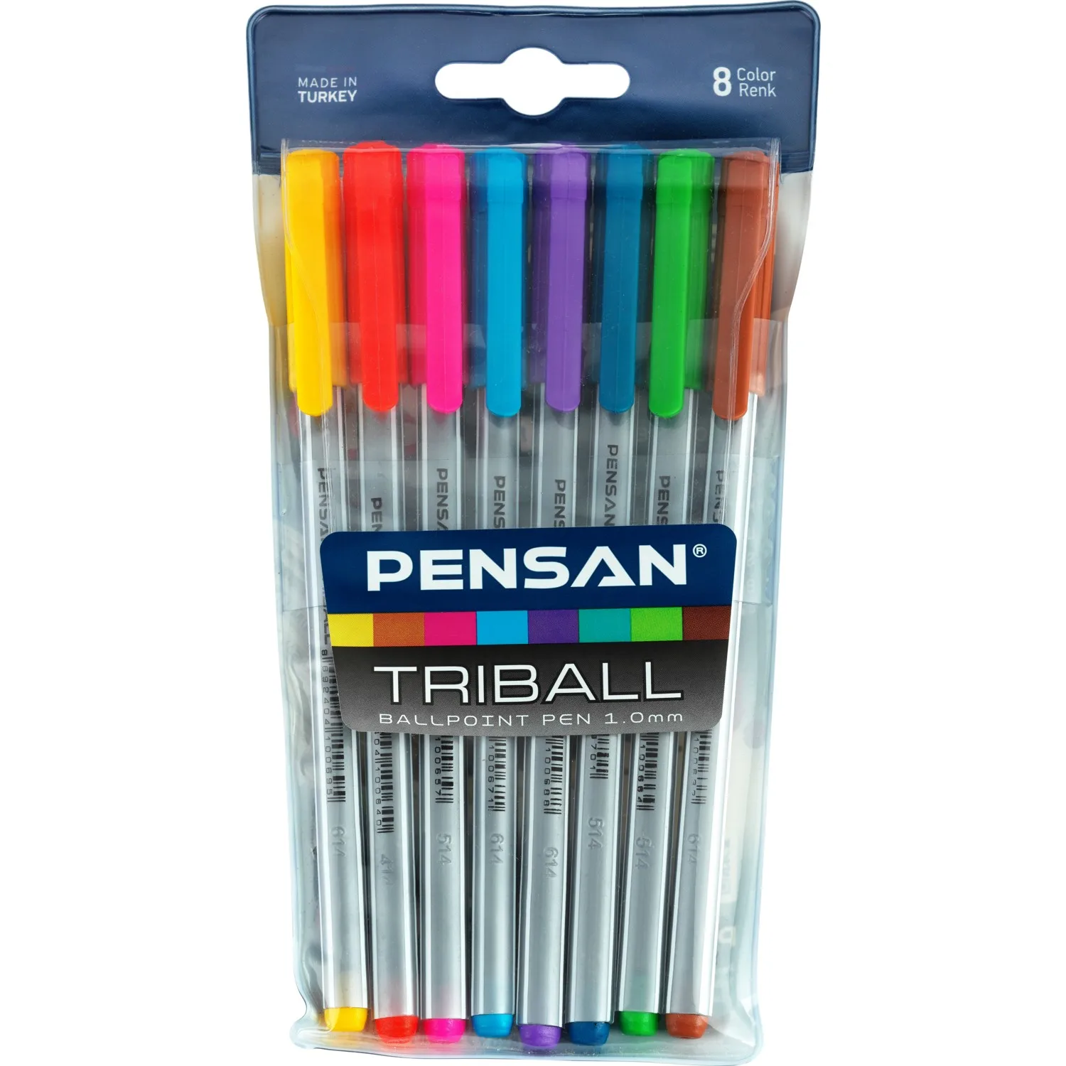 PENSAN BALLPOINT TRIBALL 1MM COLORED 8 SET 01003 Green, Turquoise, Purple, Yellow, Orange, red, Pink, Brown