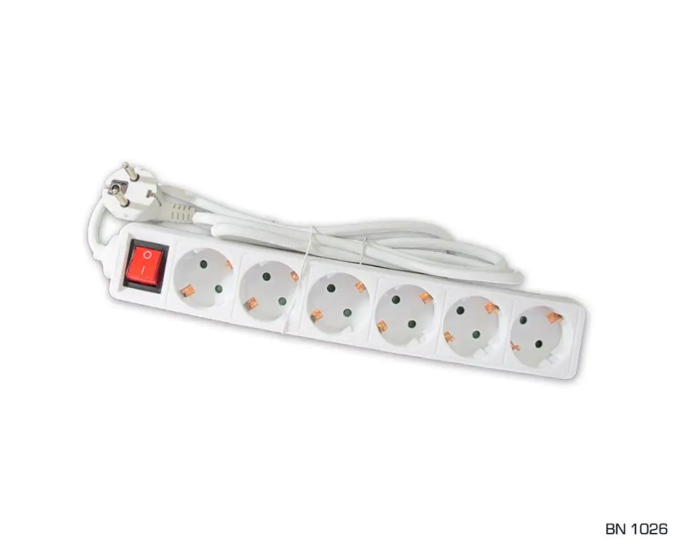 PHASAK BN 1026 Electrical Power Strip with 6 Schuko Outlets, Switch and 1.5 meter Cable - White Color