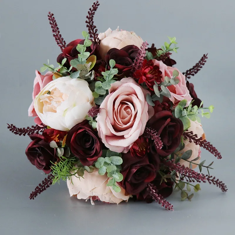 Burgundy Pink Wedding Bridal Bouquet Roses Flowers Bridesmaid Bride's Bouquet Penoy Artificial Party Home Marriage Decoration