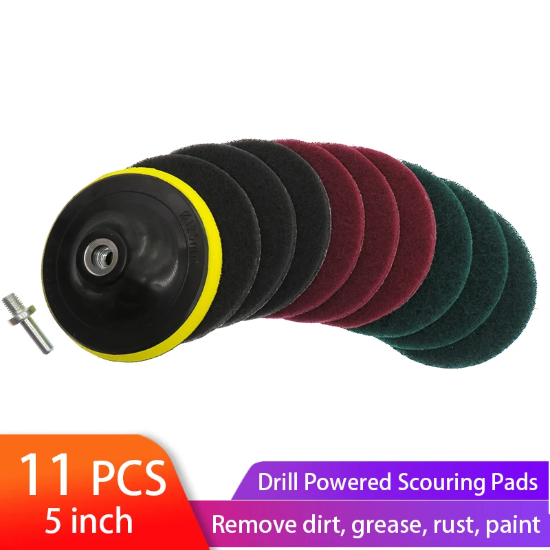 11pcs 5 Inch Drill Power Scrubber Scouring Pads Cleaning Kit Household Cleaner Tools Dusty Brush with Hook and Loop sanding pad