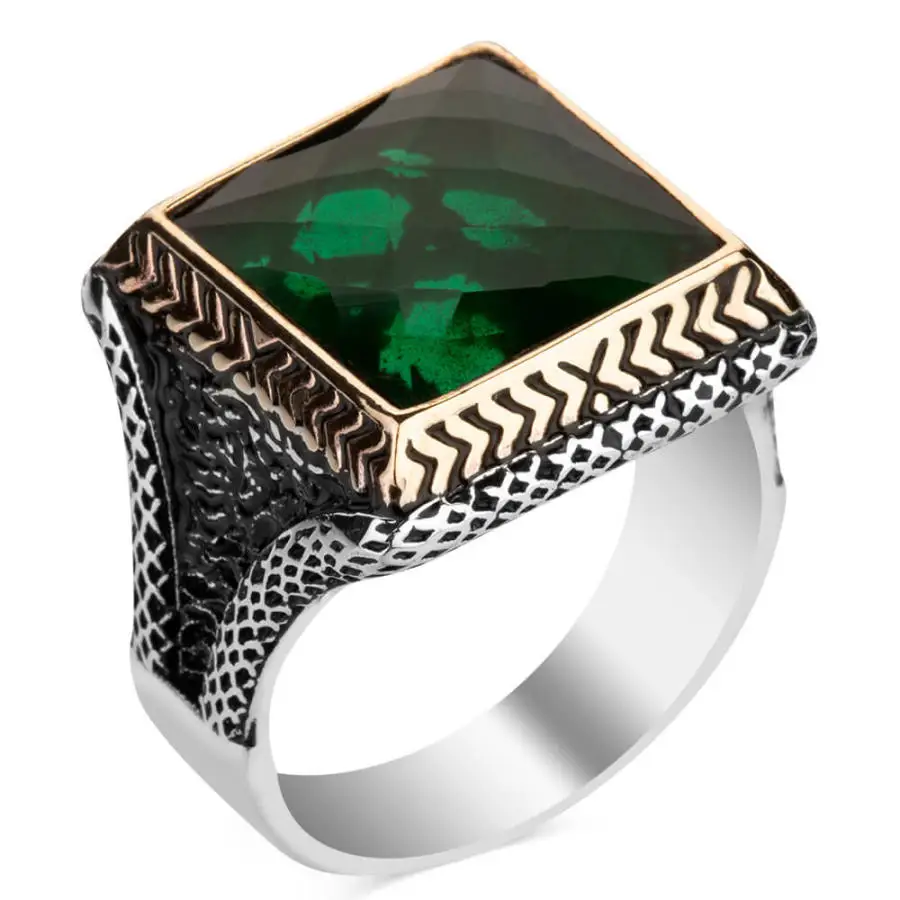 

Square Design Sterling Silver Mens Ring with Green Zircon Stone Fashion Turkish Premium Quality Handmade Jawelery