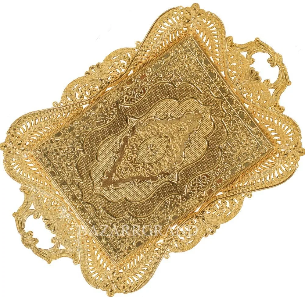 Gold Decorative Turkish Ottoman Moroccan Tea Coffee Beverage Serving Tray for Bar Open Clothes Home Rustic  FREE SHİPPİNG