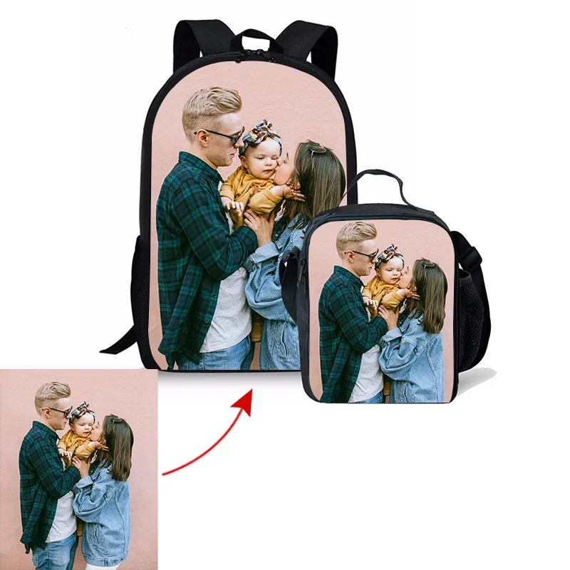 

New Two-piece Style Casual Fashion Customize Your Style Color Photos Primary School Zipper Backpack And Lunch Bag Boy Girl