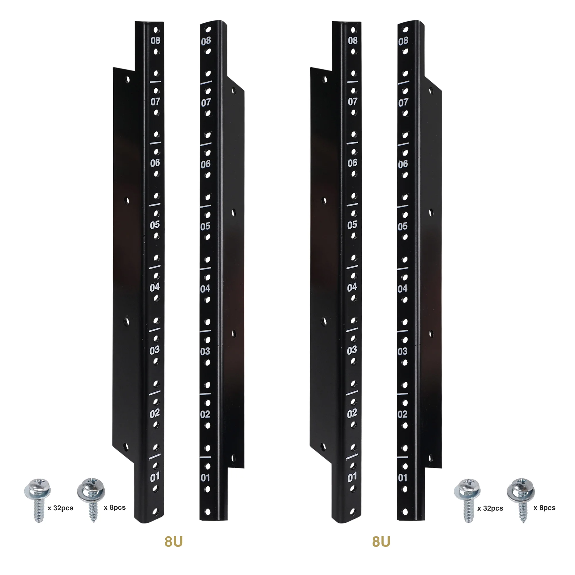 Sound Town 4-pack 8U Steel Rack Rails with Black Powder Coated Finish and Screws (ST-RR-08UX2)