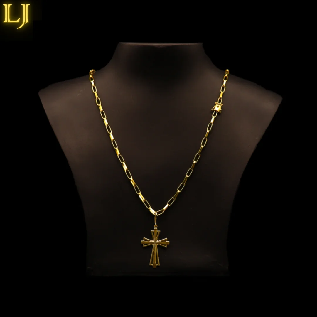 Tijolinho Chain Set 4MM with Pendant Cross Empty Edge of old coin (Nordic Gold) Eternal Guarantee in color!