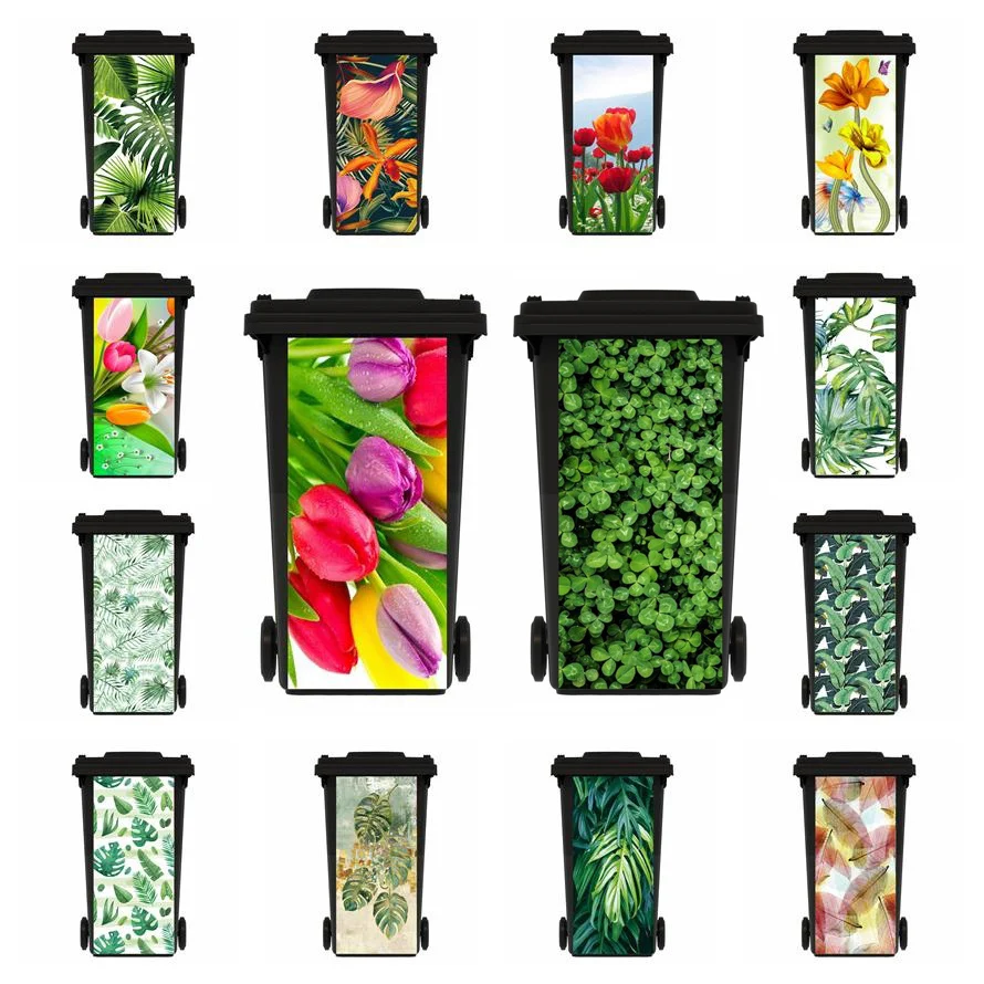 Nordic Green Plant Rubbish Bin Sticker Peel & Stick Vinyl Flower Wall Sticker Waterproof Trash Can Cover Film Decal Custom Size