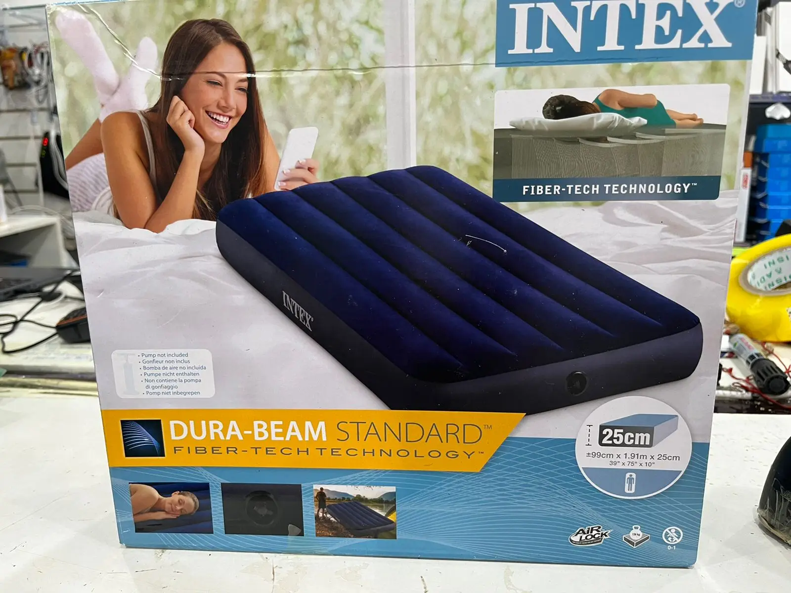 Colchão Ar Inflável Intex Solteiro Azul Camping Viagem 68950