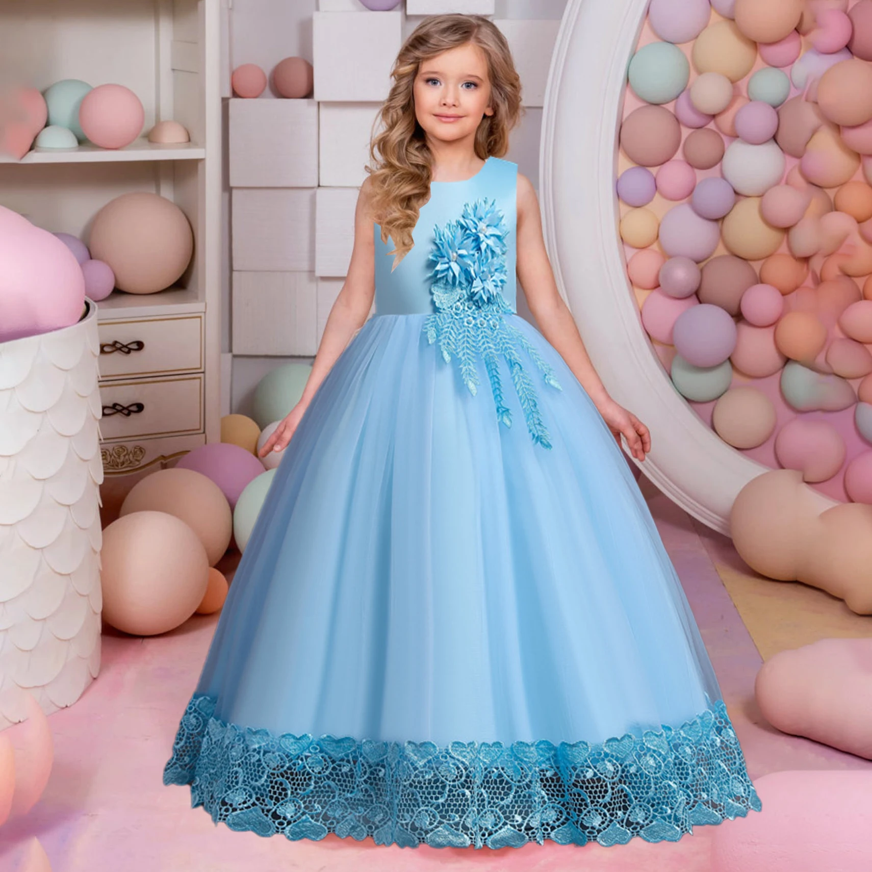 Summer Tulle Flower Girls Dress for Wedding Party Child Princess Pageant Long Gown Kids Dresses for Girls Formal Evening Clothes