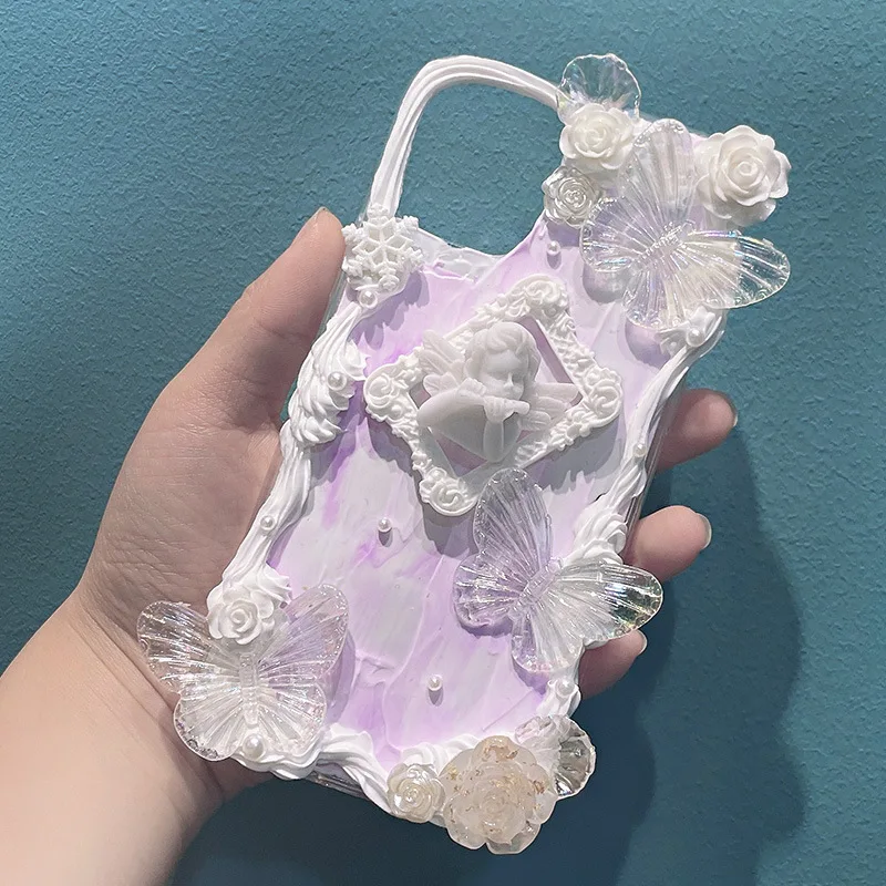 Fatto a mano fai da te cassa del telefono per iPhone 12 Pro X XS MAX Xr 11 8 Plus rosa fiore farfalla copertina morbida per le donne della ragazza