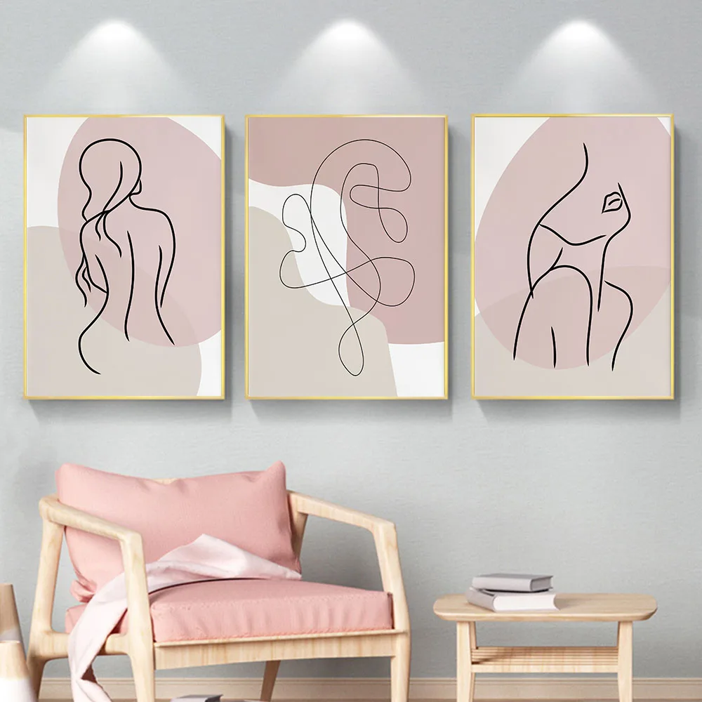 Nude Woman Line Drawing Art Poster Blush Beige Canvas Painting Wall Picture Female Body Prints Nordic Modern Bathroom Home Decor