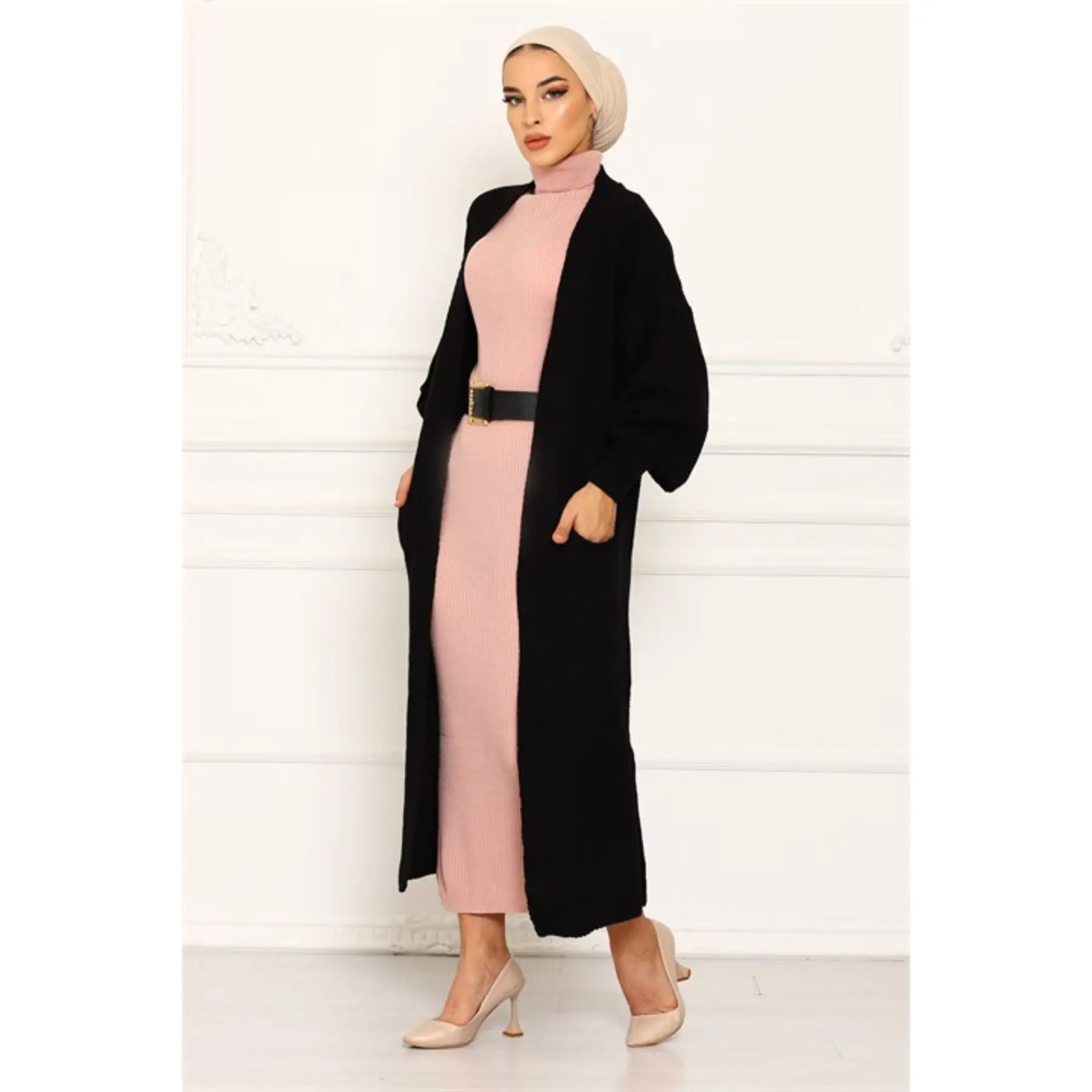 2 stück frauen Set Stickerei Gemusterte Strickwaren Maxi Rollkragen Kleid und Tasche Detaillierte Maxi Strickjacke Türkei Muslimischen Mode