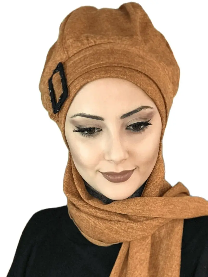 New Fashion 2021 Hijab Women Muslim Tulle Islamic Clothing Scarf Foulard Bonnet Hat Yellow Green Cumin Color Buckled Beret Shaw