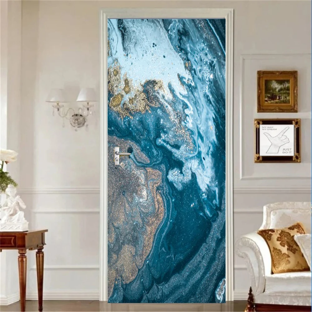 Flowing Abstract Pattern Door Photo Bathroom Doors Sticker 3D Self-adhesive Wallpaper Vinyl Interior Mirror Wall Stickers Large