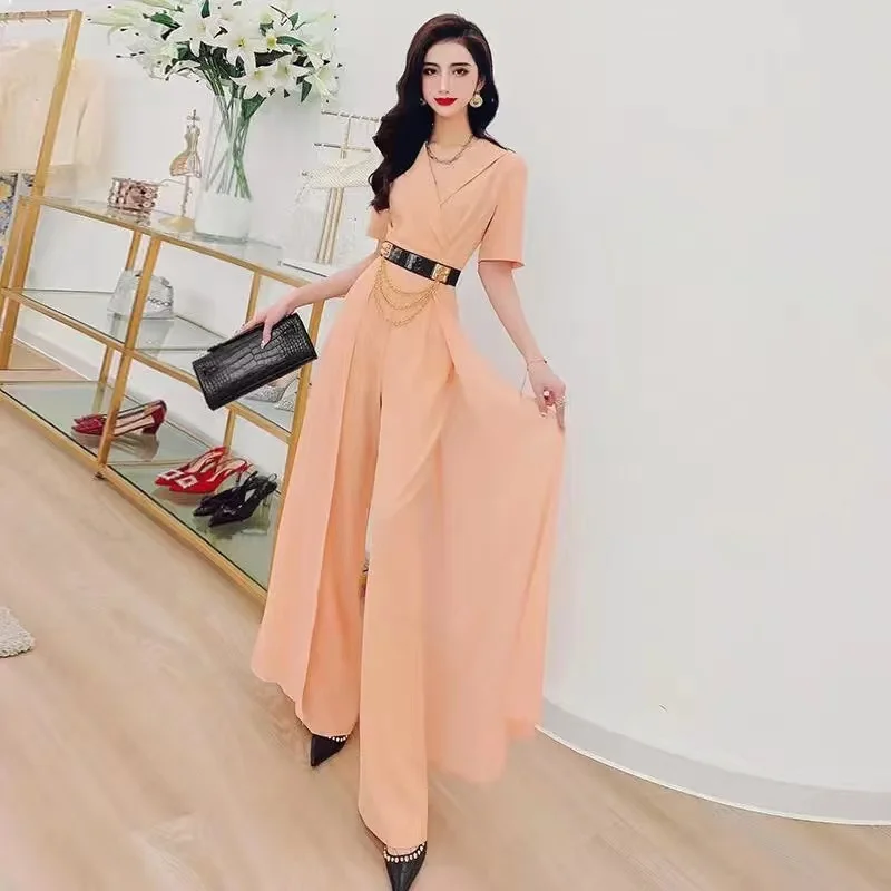 Bộ Quần Áo Mùa Hè 2022 Mới Voan Nối Nữ Cao Cấp Ống Rộng Jumpsuit Nữ Tính Khí Của Cổ Chữ V Jumpsuit