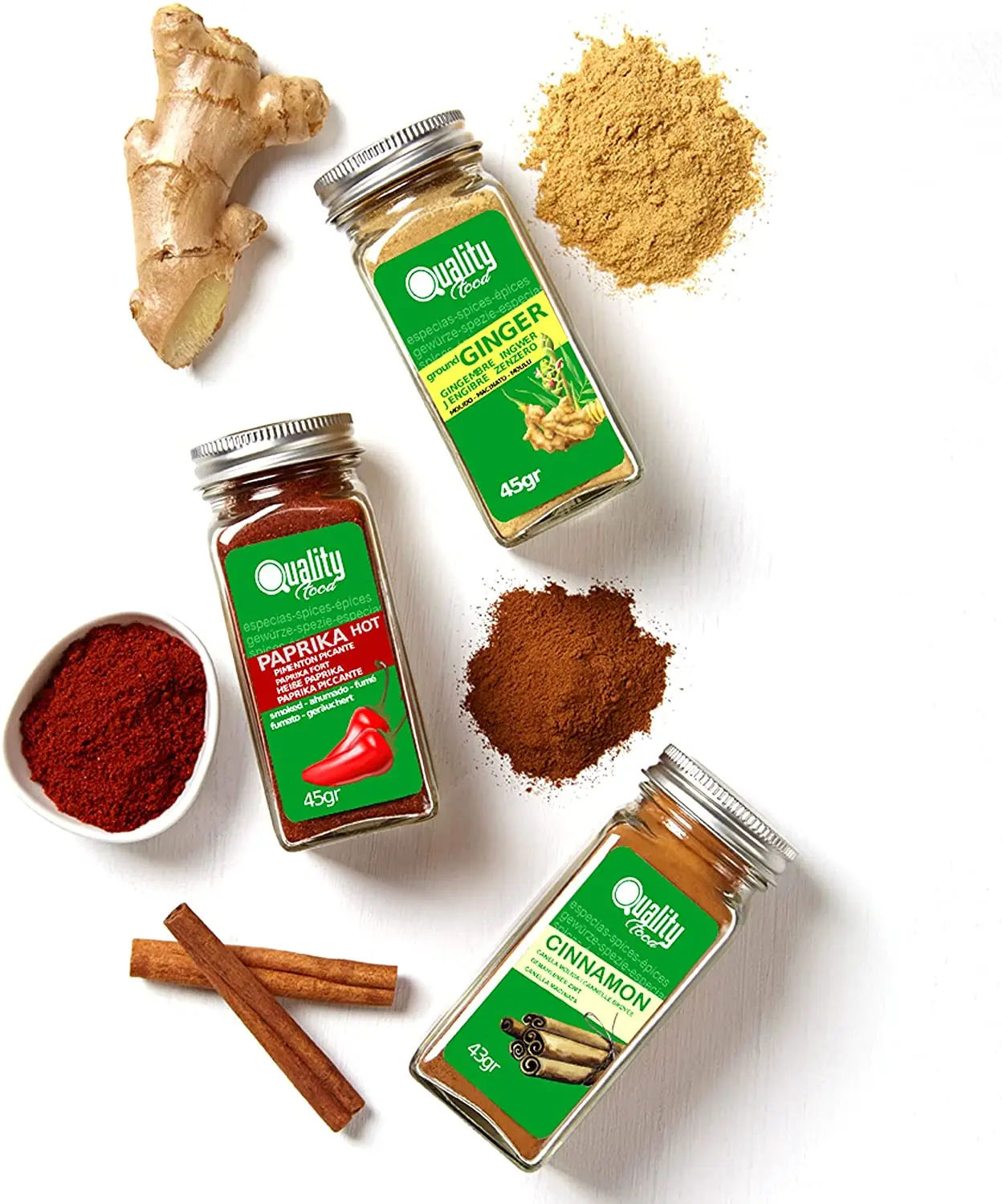 Pack de especias Masala. Ideal para regalo y uso diario. 8 Tarros de cristal, reutilizables. 5 especias chinas, Curry Dulce, Picante y Rojo, Garam