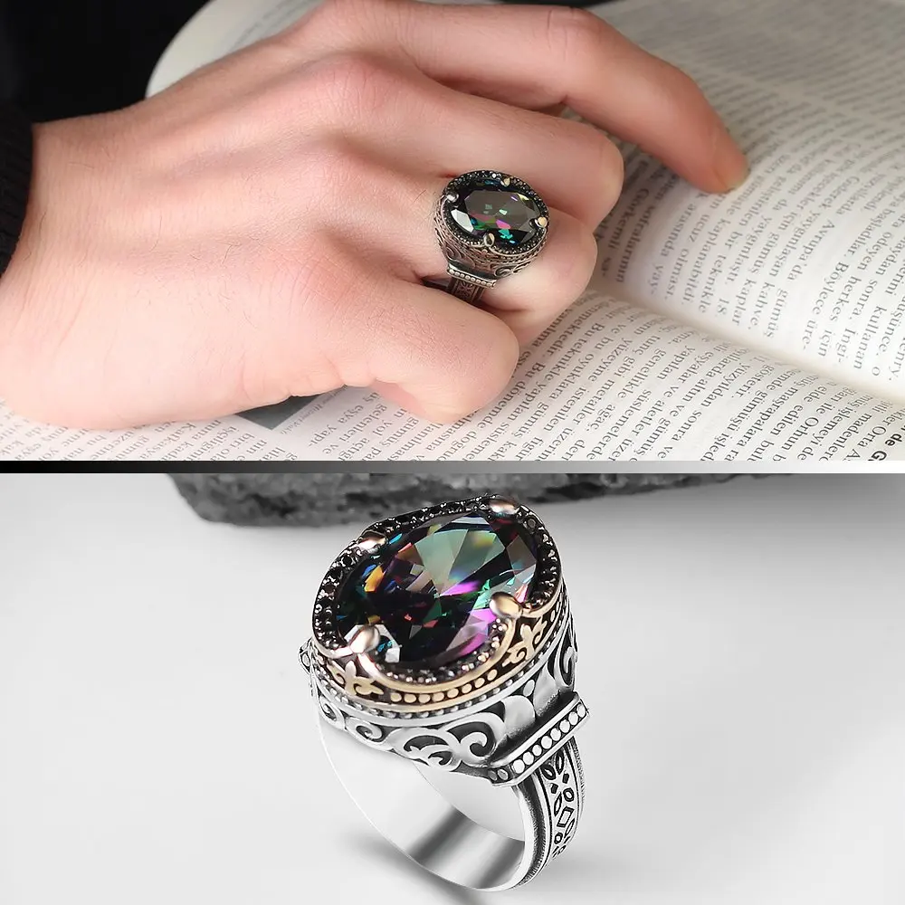 

Mystic Topaz Gemstone 925 Sterling Mens Silver Ring, Real Natural Stone for Men Gift Jewelry, vintage Turkish Style, Fashion Trendy 2022