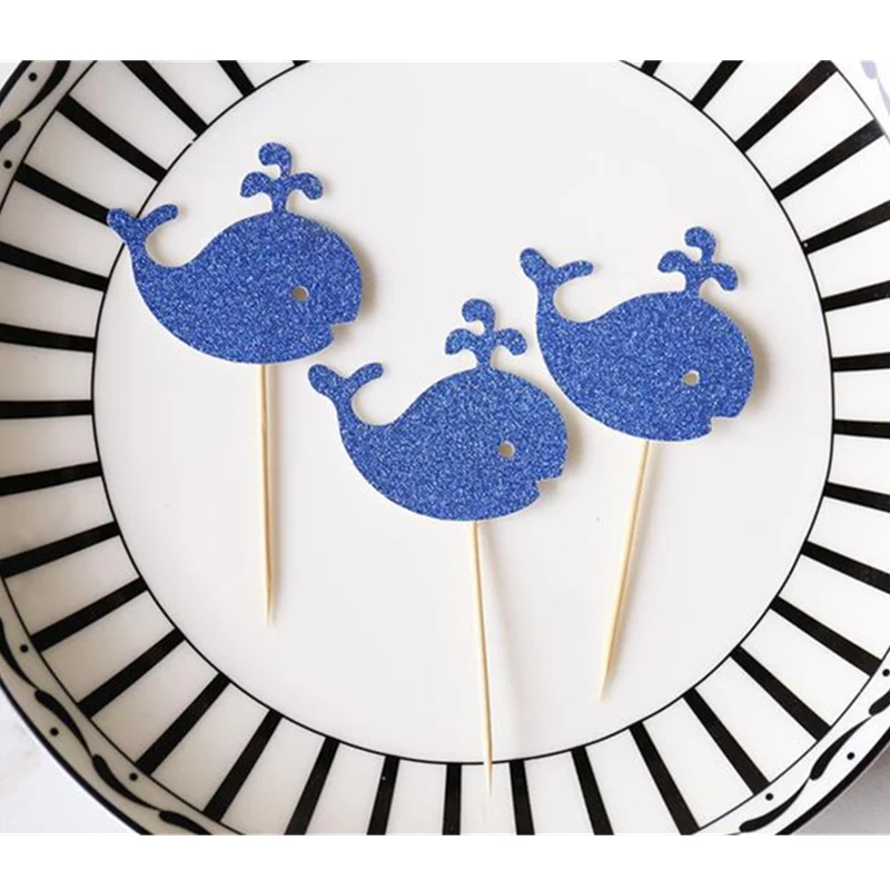 Customized Whale Glitter Cupcake Topper, Baby Shower Party Decorations, First Birthday Party