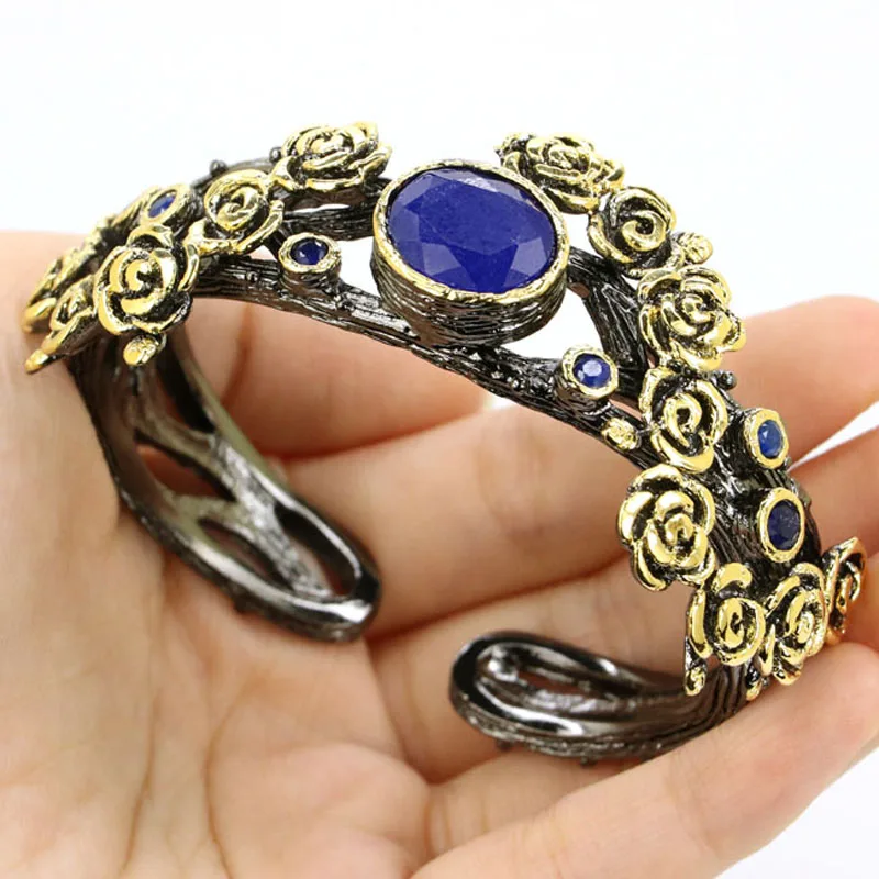 73x32mm Big 60g Collection Bohemia Flower Real Sapphire Garnet Aquamarine Emerald Black Gold Silver plated Bangle Bracelet 7.5