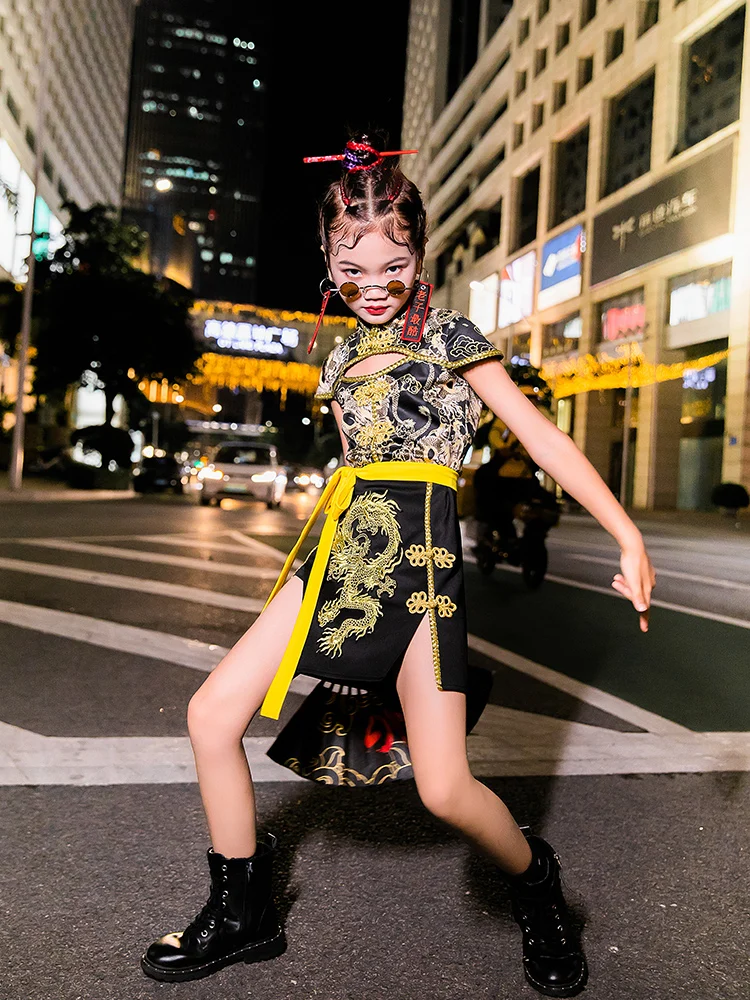 ZZL K-pop Jazz Dance Clothes Girls' Cheongsam National Fashion Runway Show Children's Bold Dress Cool Clothes for Children