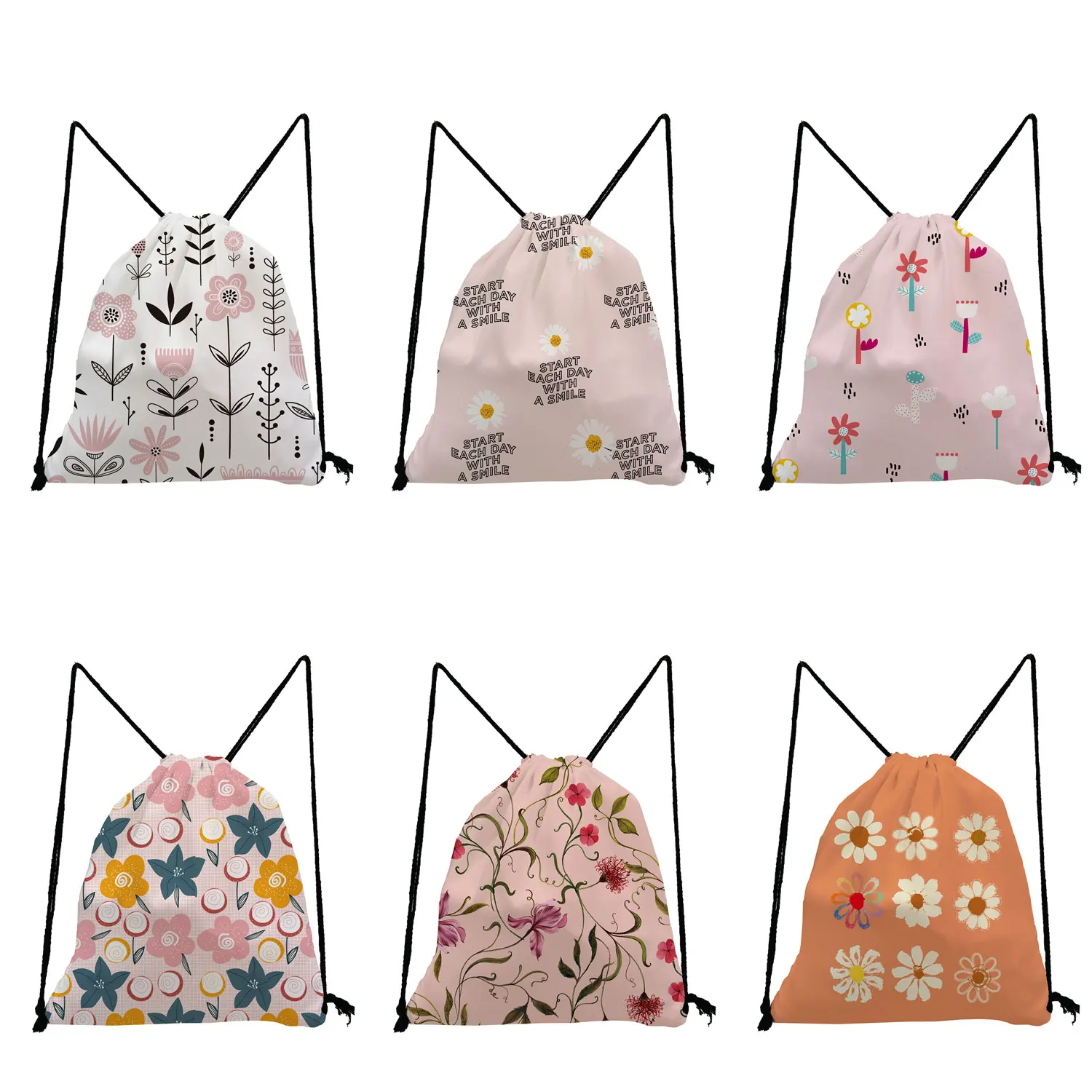 Lovely Floral Printing Drawstring Bags Eco Daily Soft Backs Girls Storage Bag Large Casual Bags Foldable Female Travel Backpack