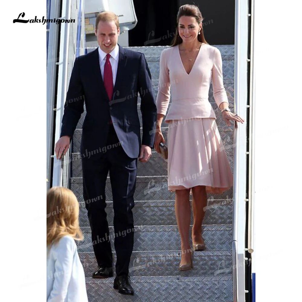 Simple Mother of the Bride Dress Gowns Long Sleeves V-Neck Wedding Evening Party vestido de madrinha farsali kate middleton