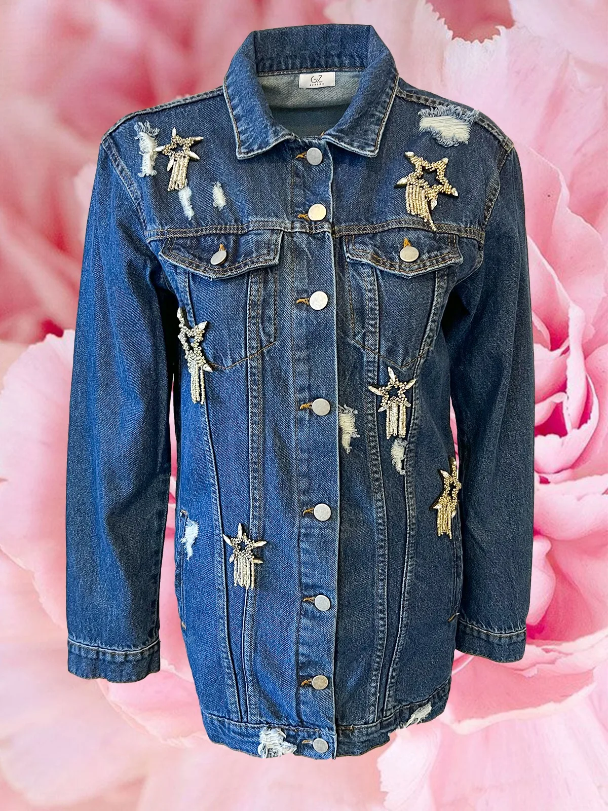 

2022 Fashion Handmade Star Figured Embroidered Long Denim Jean Women Jacket