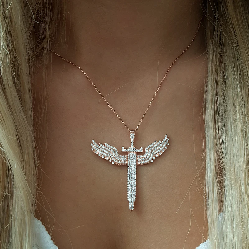 New Trendy Angel Pendant Necklace Wings Charm Women Michael Sword 925 Silver Chain Necklaces Turkish Jewelry Ladies Accessories