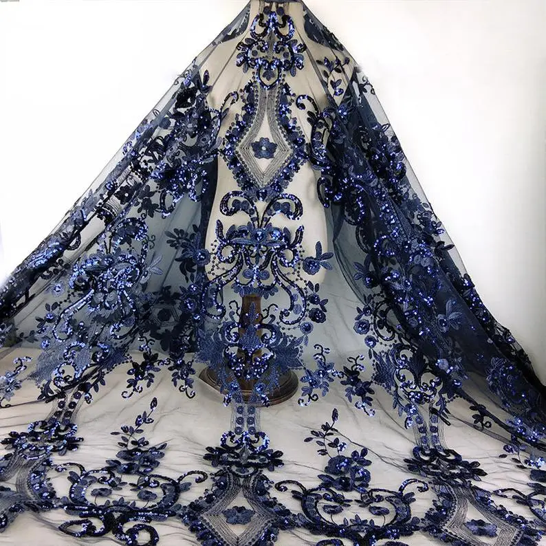 

Navy Blue Sequins Lace Fabric, Sequins Embroidered Lace Fabric, Black Illusion Fabric For Dresses, Gowns, Tops