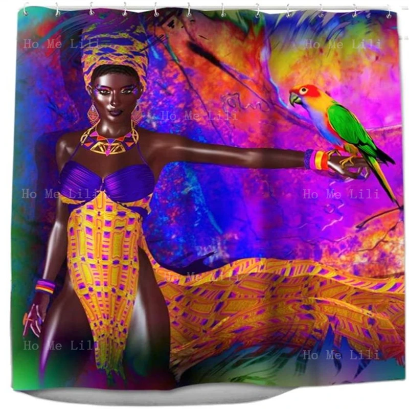 Colorful Star African Woman Parrot Shower Curtain Bath Decor Polyester Fabric Afro Ethnic Bathroom Accessories With Hooks