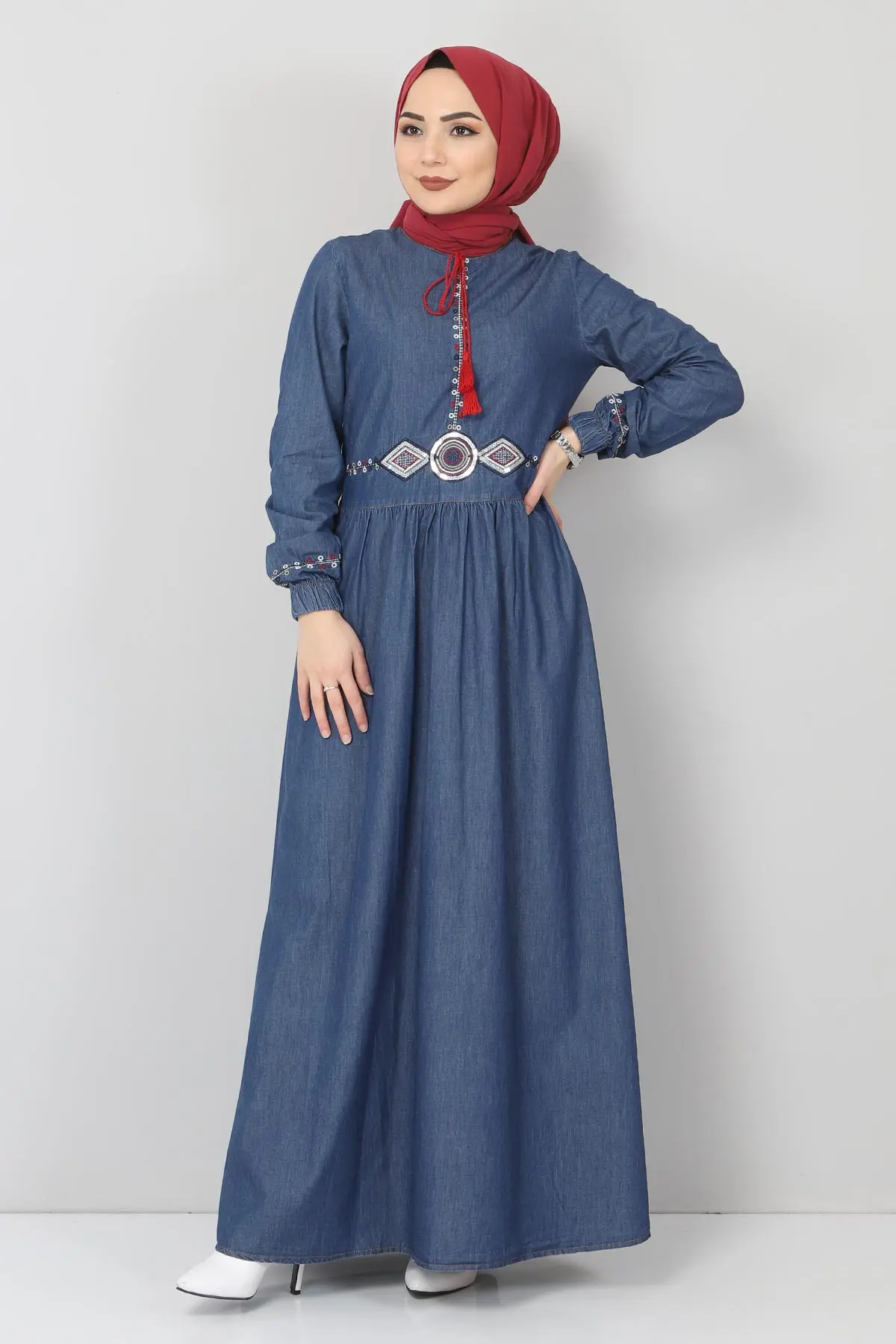 Tassel Detail Embroidered Jeans Dress TSD06151 Dark Blue Denim Dress Dark Hole Button Arched Handle Denim Dress Dark Blue muslim long