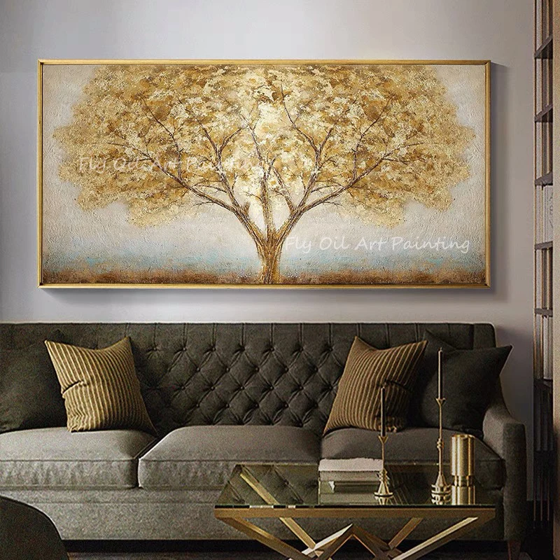 

Gold Foil Tree Forest Luxury 100% Hand Painted Big Size Modern Abstract oil painting for office living room decoration