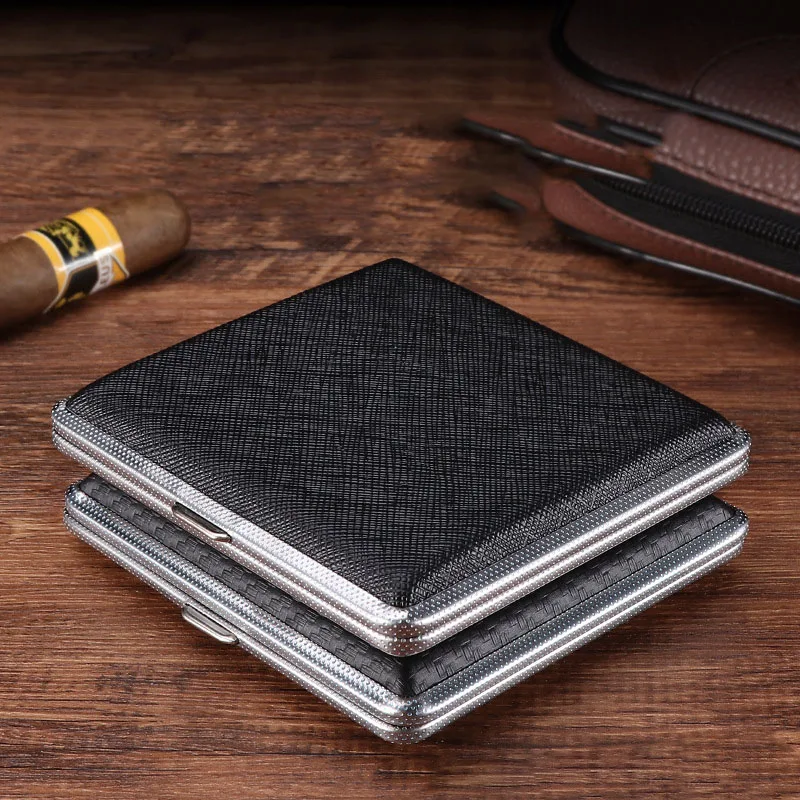 Hold 20 Sticks Metal Leather Cigarette Case Creative Folio Cigarette Case Men\'s Storage Box Independent Windproof Cigarette Case