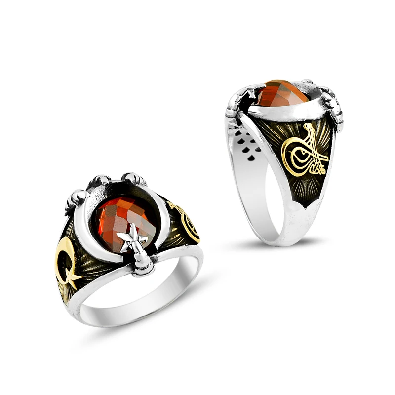 925 Silver Tribal Design English Men Rings Moon and Star Added