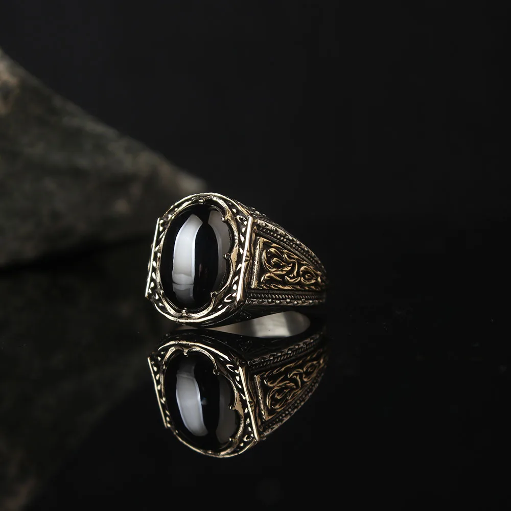 Black Zircon 925 Sterling Silver With Gold Plate Engraved Traditional Handmade Turkish Signet Ring Jewelry Gift for Women Men