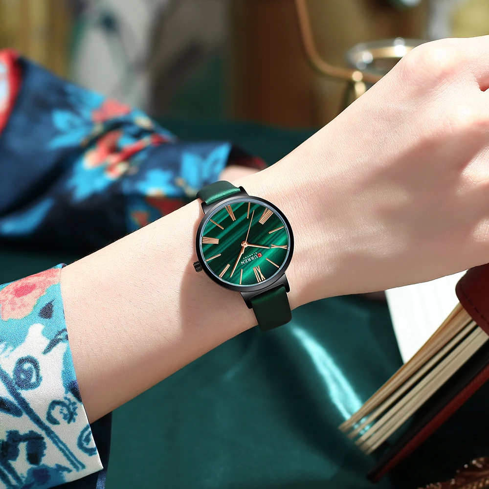 Reloj Mujer CURREN Luxury Watch for Women Fashion Malachite Green Quartz Dress Bracelet Wristwatch with Leather Female Clock