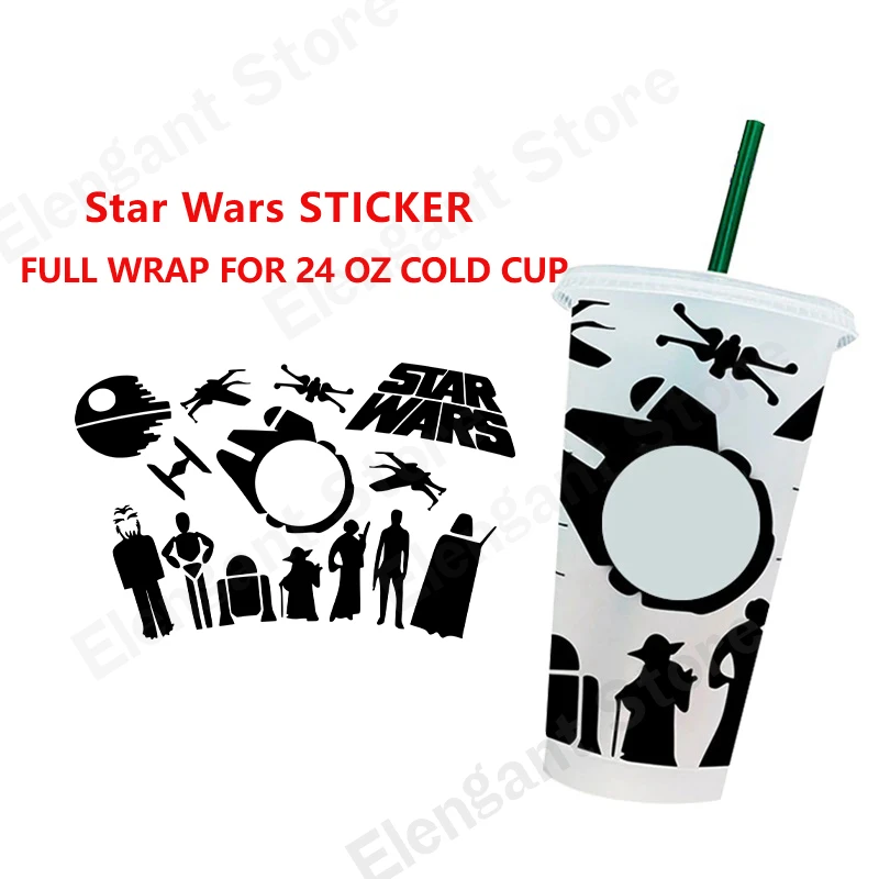 Space Wars Coffee Cold Cup Full Wrap 24 oz VINYL STICKERS DECALS Darth Vader Funny Creative Removable Sticker Yoda Decal Decor