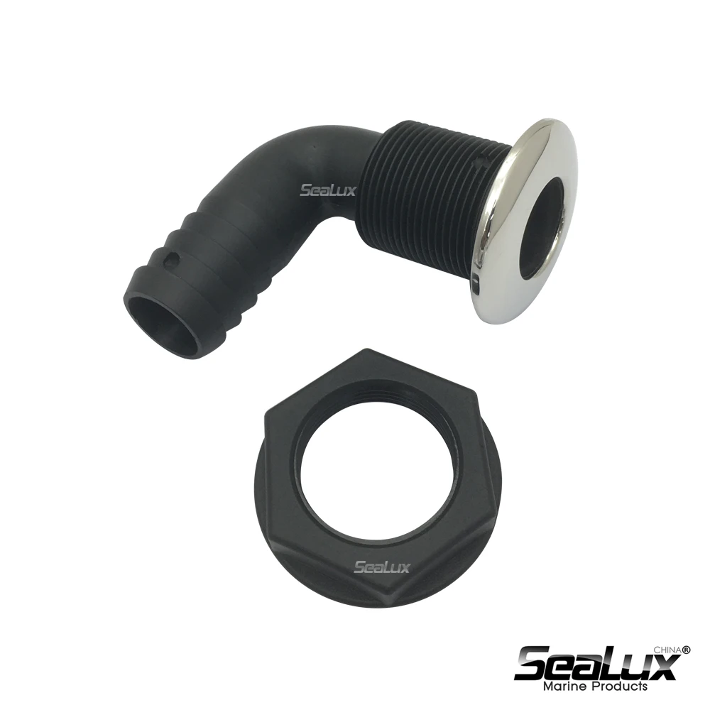Sealux UV Stabilized Black Plastic Nylon Thru Hull with SS316 cover (90degree) for Boat Yacht
