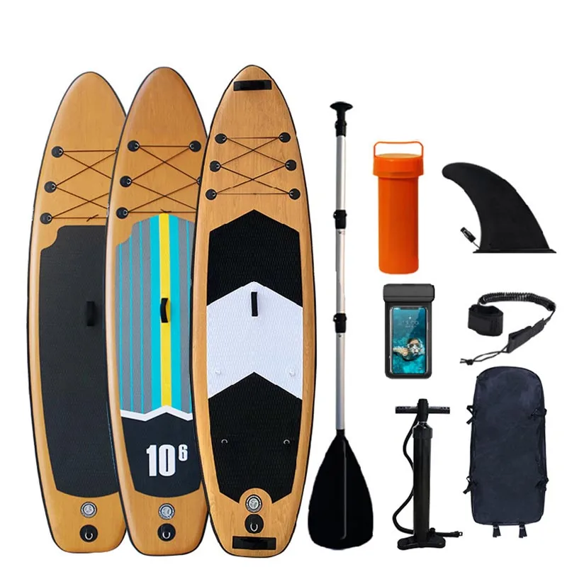 

10'6''ft Inflatable Surfboard Wood Grain SUP Paddle Board Double Thick Brushed PVC Paddle Racing