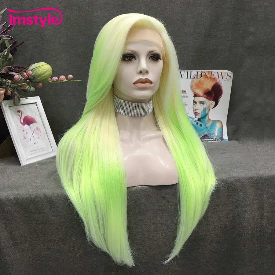 Imstyle-Ombre sintético peruca dianteira do laço para mulheres, verde claro, cabelo liso, peruca de festa, alta temperatura