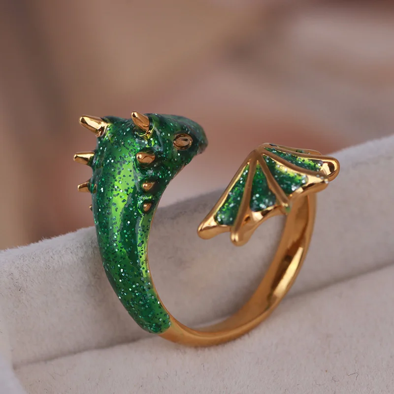 Enamel Glaze Highlights Black Knight Dragon Triceratops Open Ring