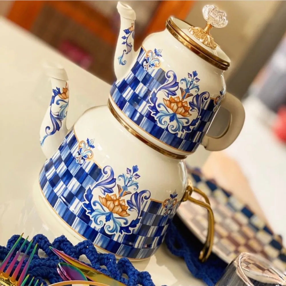 Enamel Gold Luxury Large Teapot Set White Blue Checkered