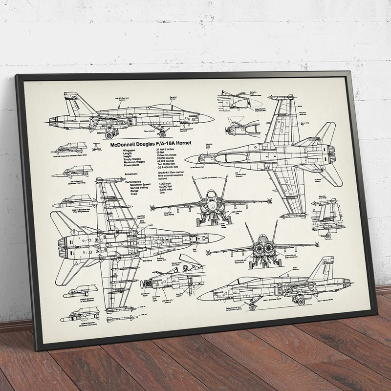 Air Force Plane F18 Hornet Patent Prints Airplane Poster Fighter Jet Blueprint Art Canvas Painting Picture Pilot Gift Home Decor