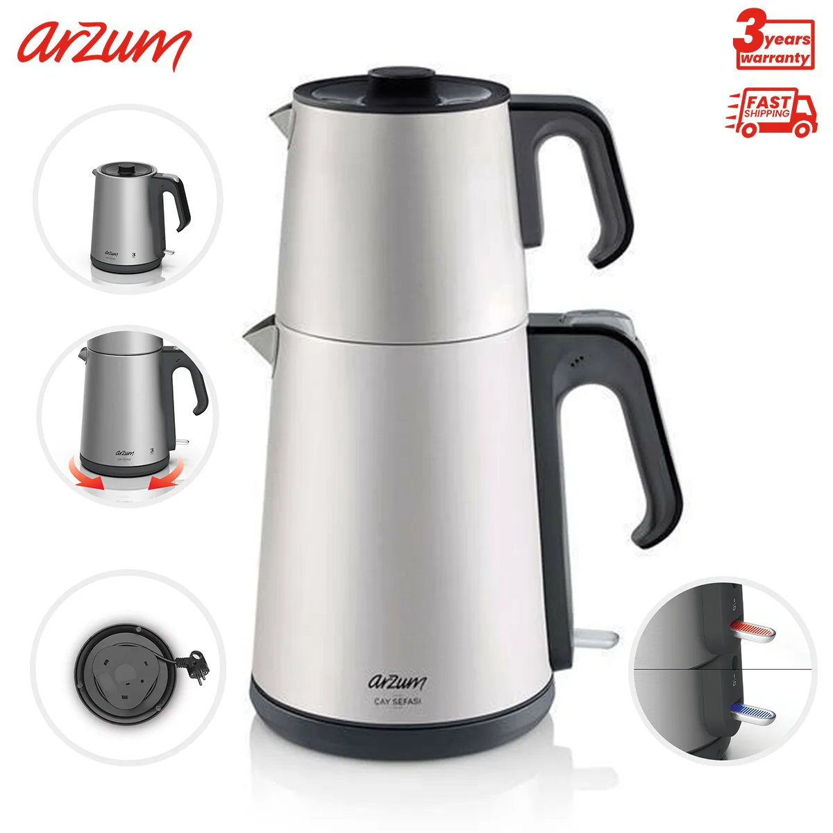 ARZUM Çay Sefası Tea Machine Home Office Tea Maker Brew Tea Powder Kettle Water Boiling Tea Easy Operation Turkish Tea Maker With Stainless Steel Tea Filter  Kitchen Smart Appliances Temperature Control Keep-Warm Func