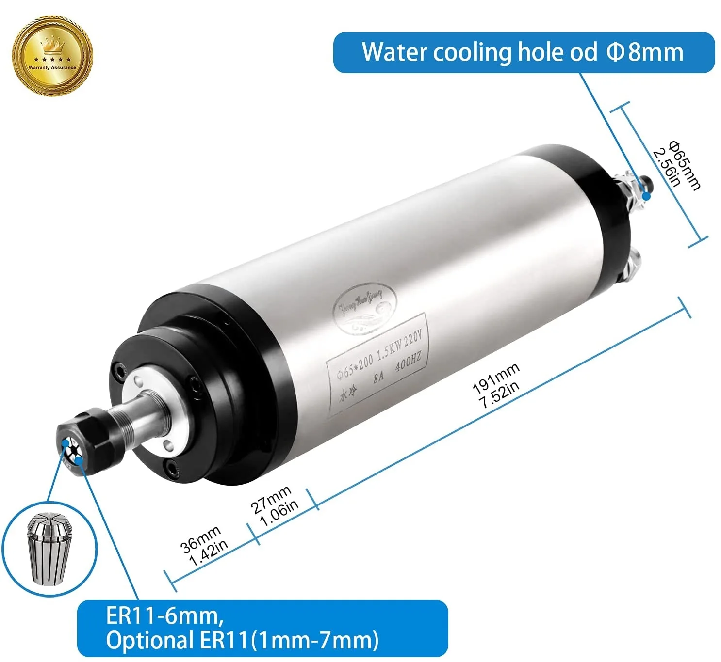 1.5KW Water Cooled Spindle Motor+1.5kw VFD Inverter+65mm Clamp+Water Pump/5m Pipe+13pcs ER11 For CNC Milling Woodworking Machine