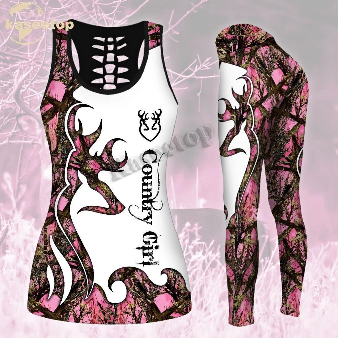 Country Girl Deer Hunting White & Pink Two Piece Yoga Set Women 3D Print Vest Hollow Out Hollow Tank & Legging Outfit Summer 164